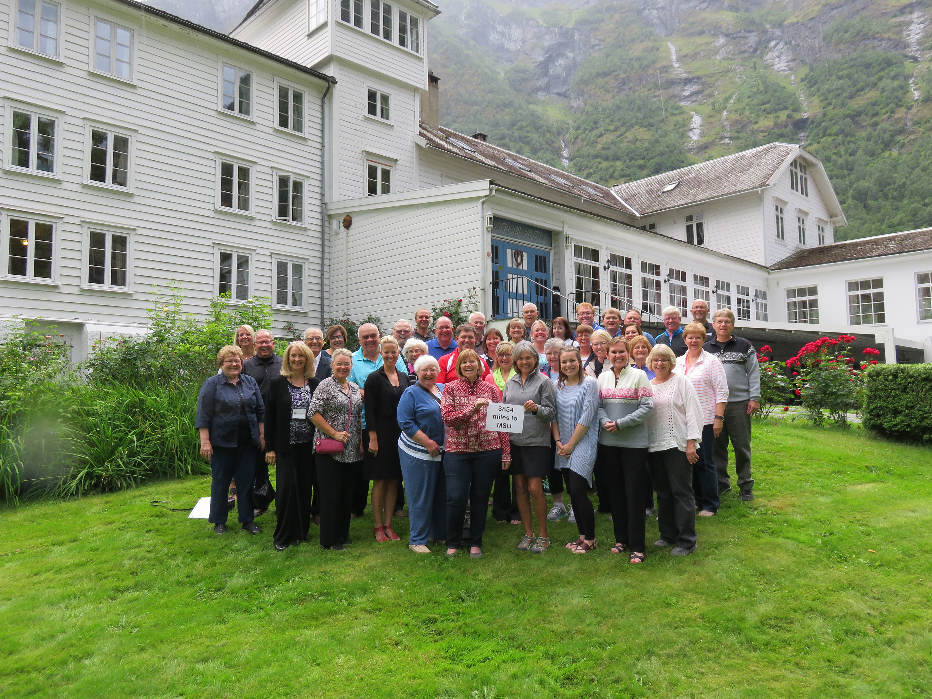 The Mayville State group pictured outside the Fretheim Hotel at Flam.