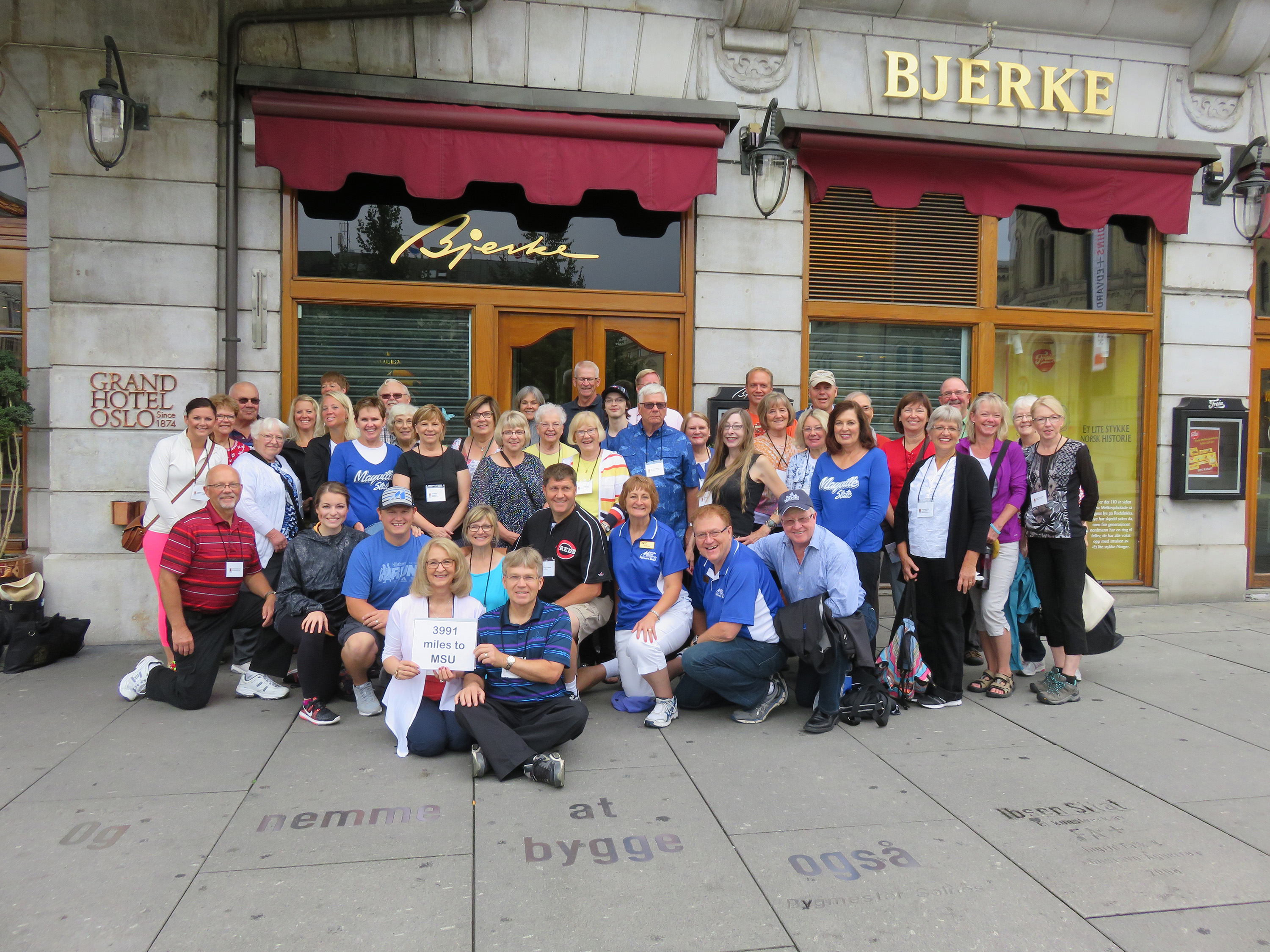 The Mayville State group pictured outside the Grand Hotel Oslo.